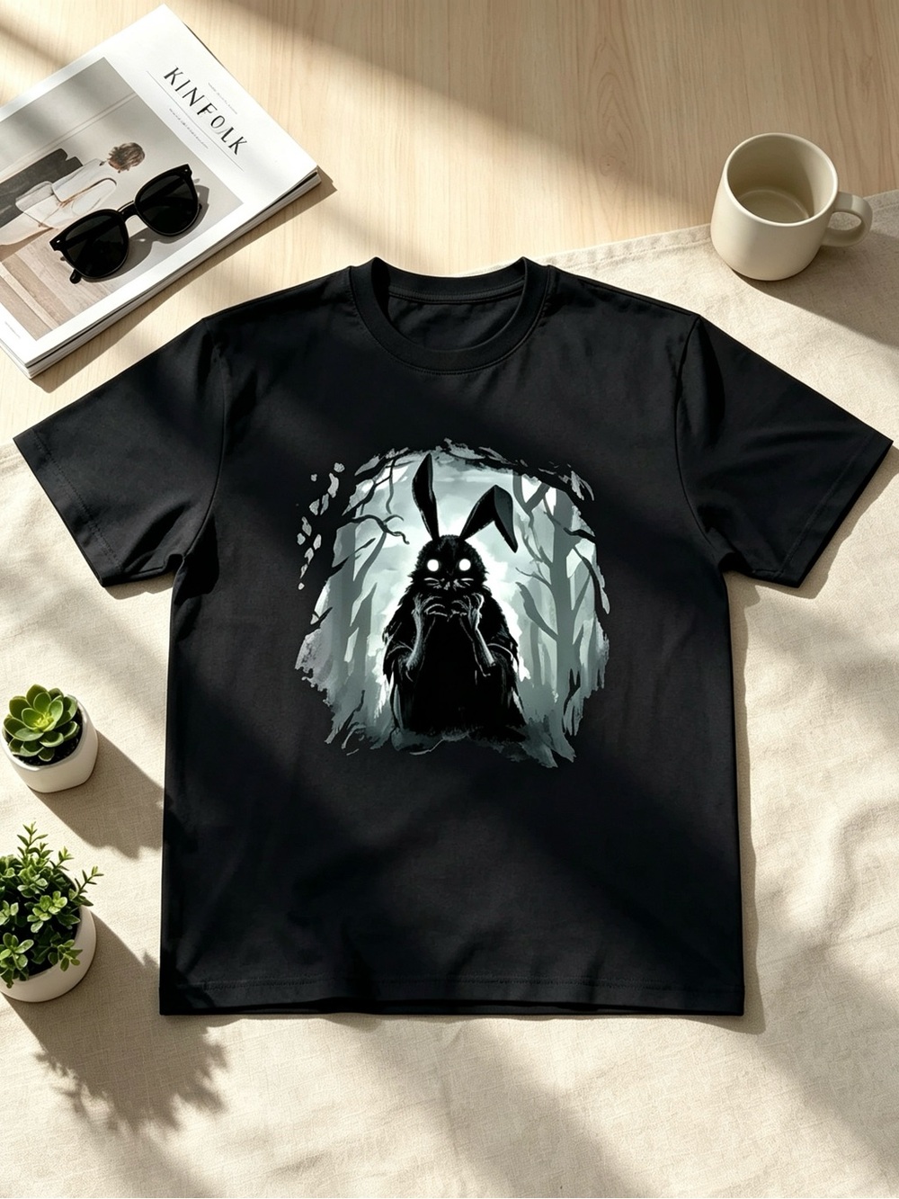 Black Short Sleeve Graphic Tee with Rabbit Horror Print